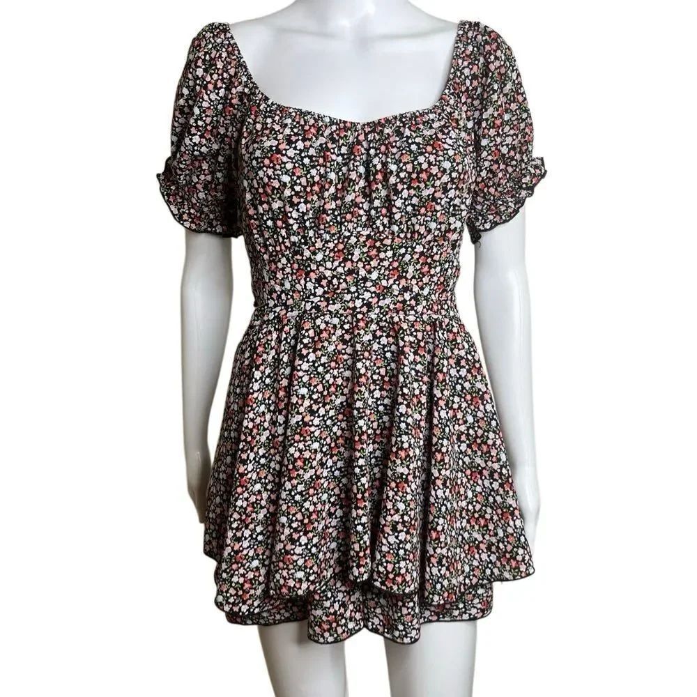 Altar'd State Floral Puff Sleeve Romper Black and red Size Large
